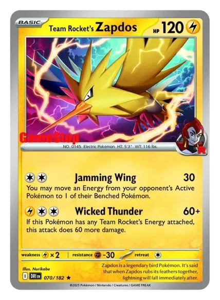 Team Rocket's Zapdos - 070/182 - Gamestop Exclusive - Miscellaneous Cards & Products