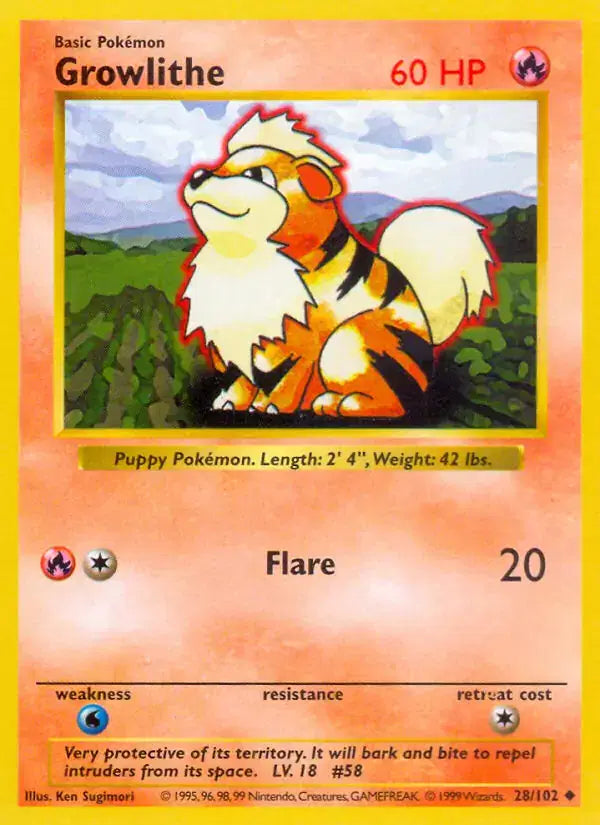 Growlithe - 28/102 - Shadowless - Base Set